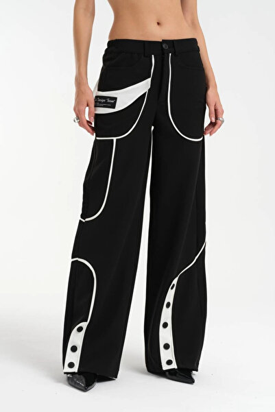it's basic tw3 Siyah Beyaz Biyeli Tasarım Bol Paça Pantolon