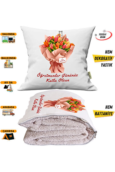 CAİSYA Teacher's Day Gift Bouquet with Tv Blanket Optional Decorative Pillow Cushion 2in1 Blanket