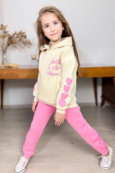 Riccotarz Girl's Sweatshirt with Back Printed and Text Detail on the Sleeves Pink Tracksuit Set
