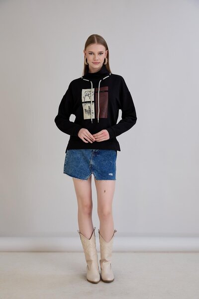 Sortie Women's Drawstring Turtleneck Long Back Midi Length Drawstring Black Sweatshirt