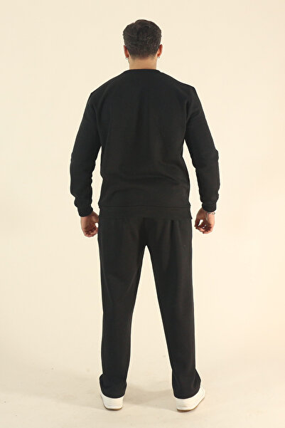 EydaMoon Men's Winter Fleece-Lined Tracksuit Set Sweatshirt Baggy - Black Regular Crew Neck