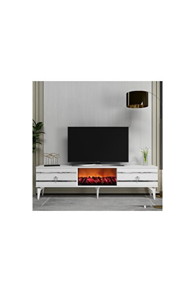 Vivense PELİN TV SEHPASI ŞÖMİNELİ, BEYAZ GÜMÜŞ, 150 CM