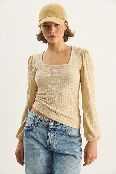 Bianco Lucci Kadın Kare Yaka Uzun Kollu Gofre Bluz 0442 60283694