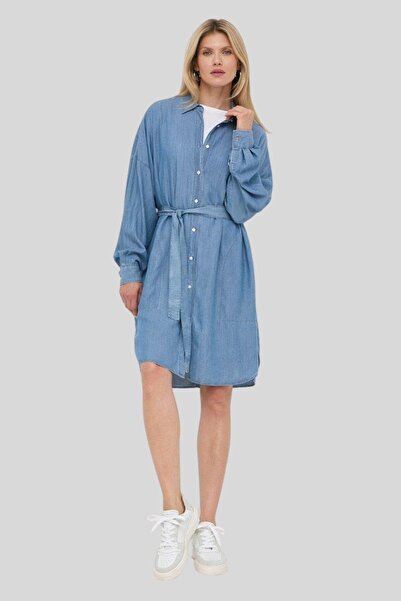 BOSS Kadın Uzun Kollu Düğmeli Jean Elbise Mavi