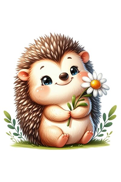 OEM Autocolant cu arici vesel care ține o floare albă, vinil PVC, bordură alb...