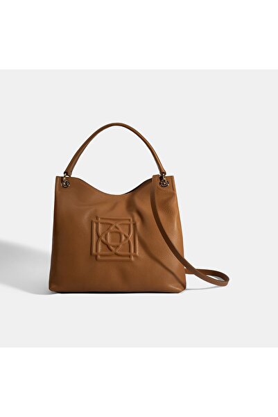 Desa Women's Tan Logo Printed Leather Shoulder Bag