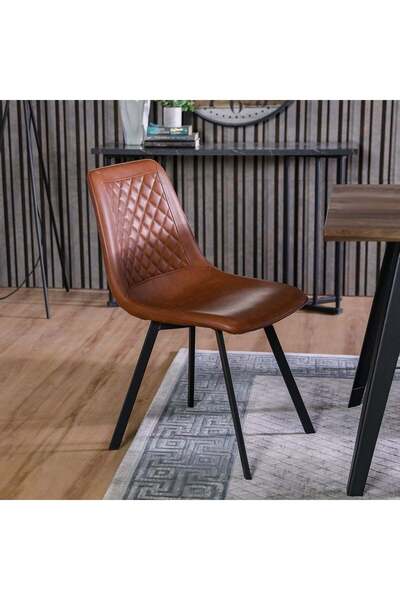 Danube Home طقم كرسي طعام جيديون من قطعتين - إطار معدني متين، تنجيد من الجلد الصناعي، لون خشب البلوط الطبيعي/البني