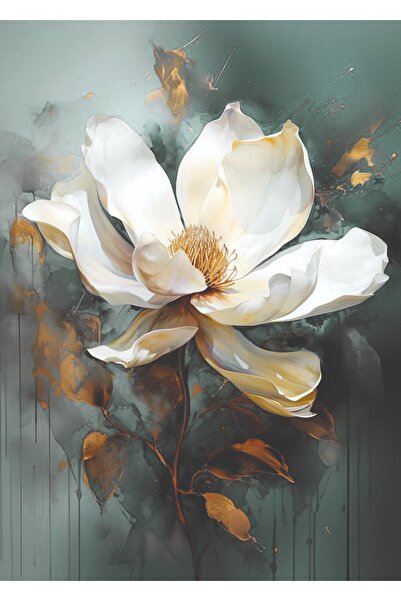 Harikabirev | SU YEŞİLİ-GOLD GARDENYA ÇİÇEK MODELİ 03 | ÇERÇEVELİ TEMPERLİ CAM TABLO TEKLİ DİKEY