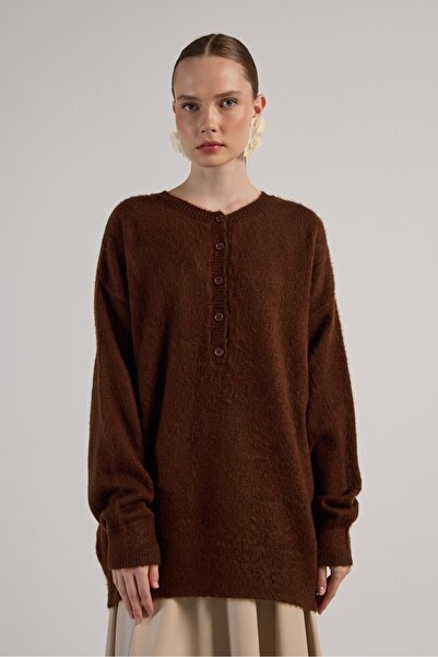 minaaise Women's coffee brown button-down Oversized soft knit sweater 30031