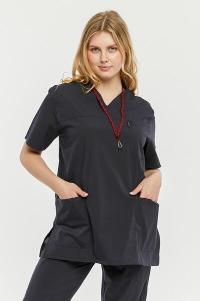 Çatı Medikal Ultralycra Comfy - Plus Size Stretch Fabric Doctor Nurse Single Top Surgical Gown (Unisex), Anthracite