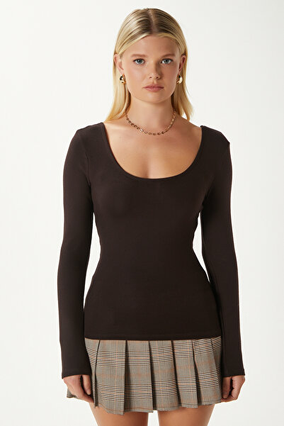 Ritnice Women's Heat Lux Touch U Neck Brown Long Sleeve Soft Blouse