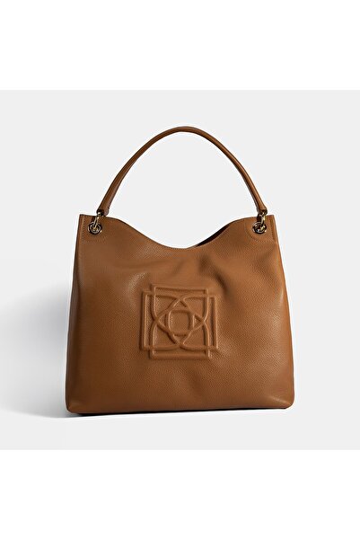 Desa Women's Tan Logo Printed Leather Shoulder Bag