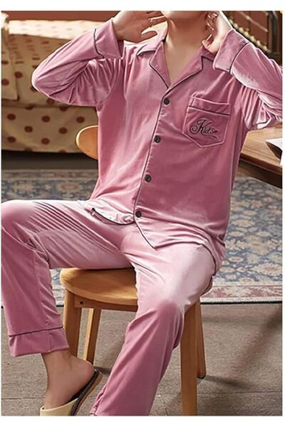 Margoun Men Pyjamas Set Nightwear Two-Pieces Velvet Sleepwear Shirt Pants MG16 -Sand Pink