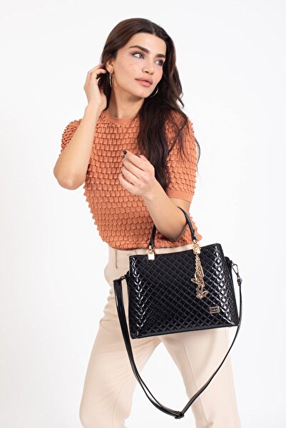 LivKors Black Patent Leather Mini Square Pattern Long Strap Hand and Shoulder...