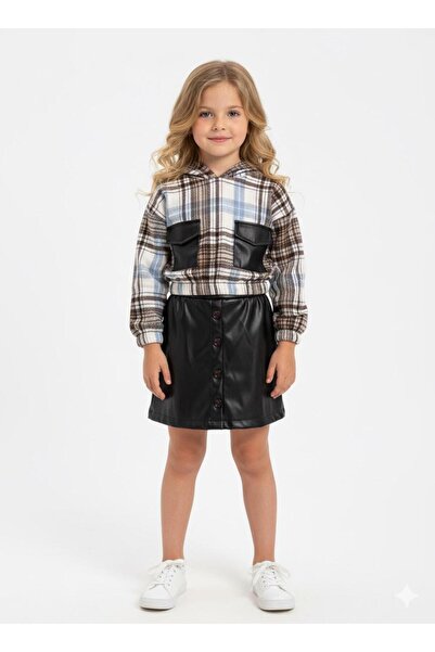 Oz Baby Girl's Hooded Plaid Lumberjack Sweatshirt with Leather Skirt Set