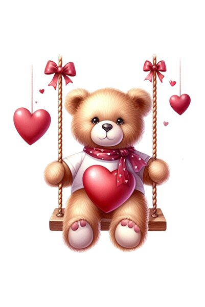 OEM Sticker - Little bear on a swing, children illustration, hearts, white border, PVC vinyl 10 cm
