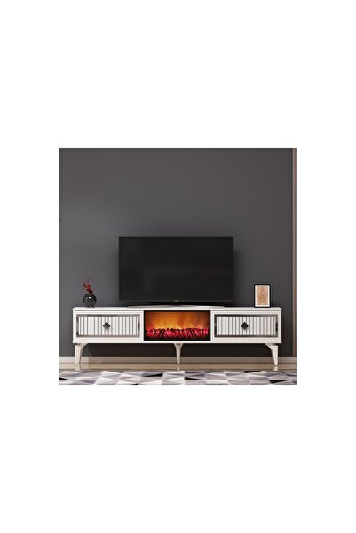 Vivense FLLAME ŞÖMİNELİ TV SEHPASI, BEYAZ GÜMÜŞ, 150 CM
