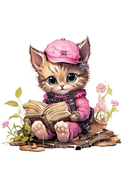 OEM Autocolant din vinil — Pisicuță citind o carte, bordură albă, PVC, 15 cm