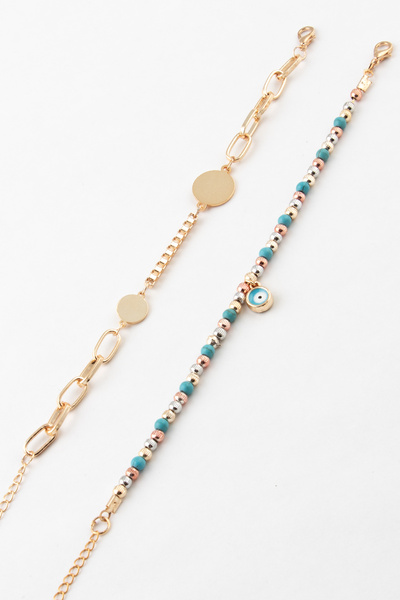 Sortie Aksesuar Blue Stone Evil Eye Bead and Circle Figured 2-Piece Combinati...