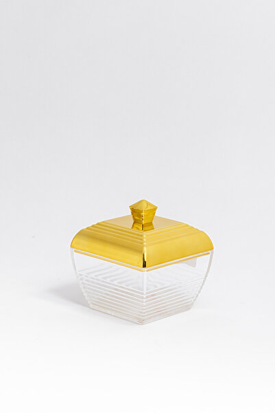 Bin Shihoun Clear acrylic date jar with a modern design and a golden lid