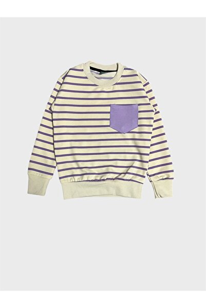 ALİŞ KİDS Σετ αθλητικής φόρμας για κορίτσια από βαμβακερή κρέμα λιλά ριγέ μακρυμάνικο