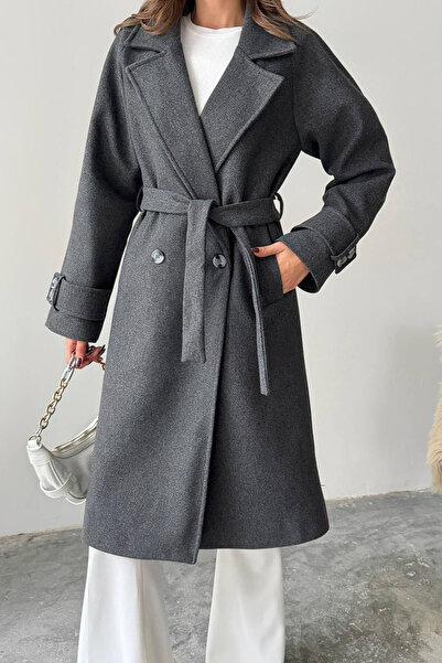 Neşeli Butik palton de damă cu detaliu de curea, căptușit, cu broderie NBG120