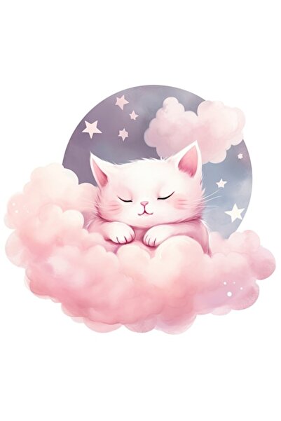 OEM Sticker of a sleeping kitten with clouds, moon and stars, white margins, PVC vinyl 10 cm
