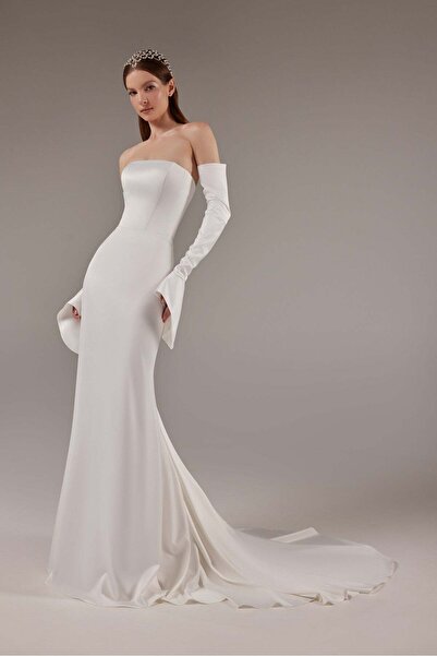 bontesel Strapless Satin Crepe Gloves Fish Model White Engagement Dress Promise Dress Wedding Dress Wedding Gown