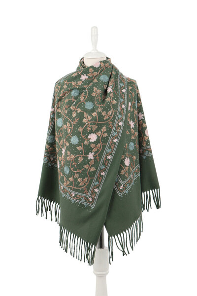 Bursa İpek Green Stone Embroidered Winter Shawl