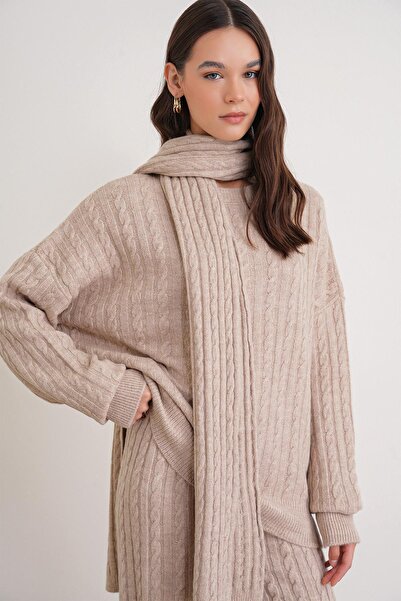 Mixray 6970 Women's Braided Scarf Bottom-Top Knitwear Set Beige