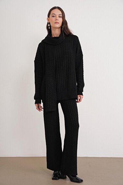 Mixray 6970 Women's Braided Scarf Knitwear Set Black