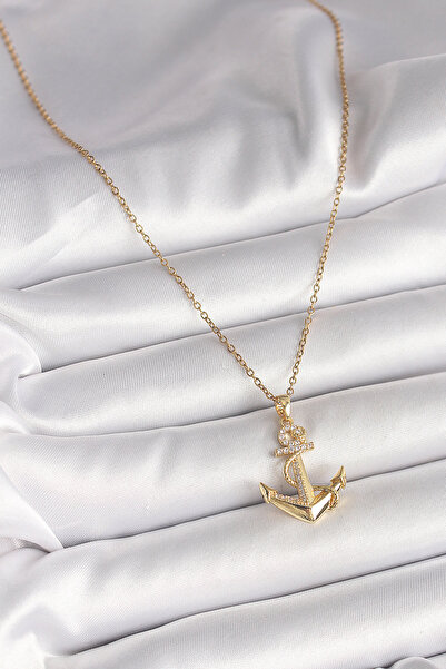 Skygo 316L Steel Gold Color Chain Zircon Stone Detailed Anchor Model Women's Necklace - Tj-Bko9950