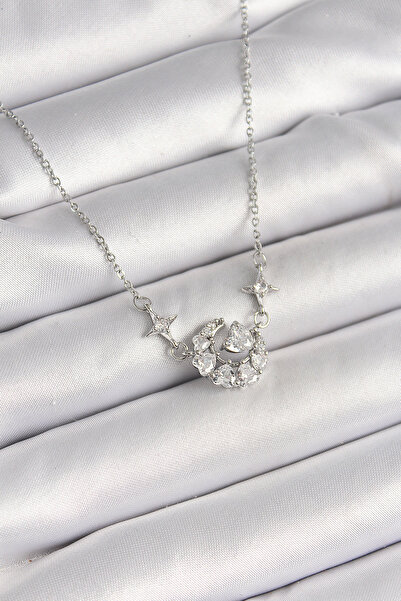 Skygo 316L Steel Silver Color Zircon Stone Crescent Heart Model Women's Necklace - Tj-Bko9929
