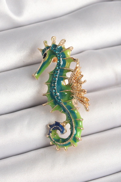 Skygo Brass Gold Color Green Sea Horse Model Zircon Stone Detail Women's Brooch - Tj-Br435