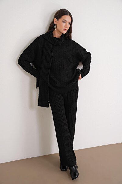 Mixray 6970 Women's Braided Scarf Knitwear Set Black