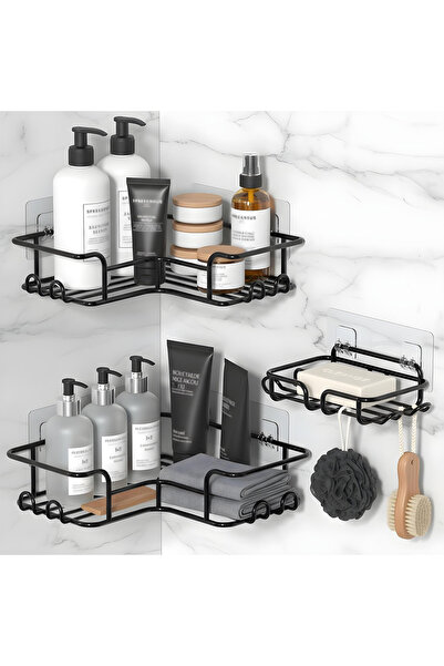 Elindor Set de 3 rafturi de duș Elindor®, raft adeziv, raft de colț pentru ba...