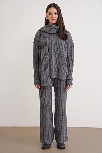 Mixray 6970 Women's Braided Scarf Knitwear Set Anthracite