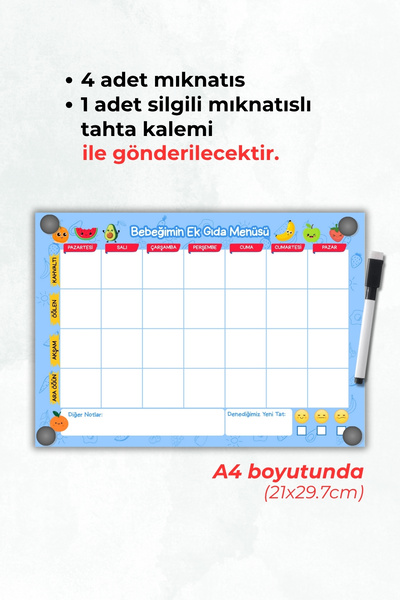 Metranya Bebeğimin Ek Gıda Takip Çizelgesi, Haftalık Yemek Menüsü Planlayıcısı, Anne Öğün Takip Magnetli