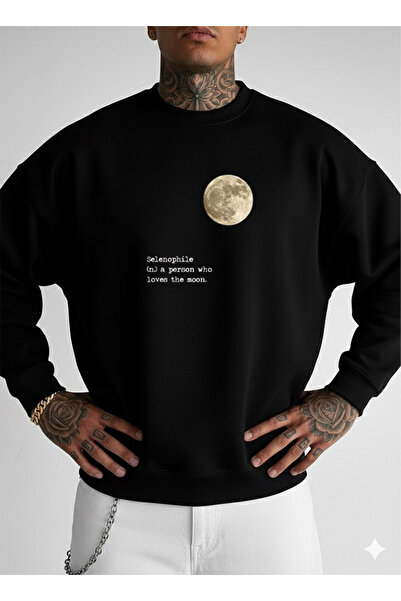LORVEX سويت شيرت للجنسين قصة فضفاضة برقبة دائرية مطبوع عليه MOON WORDS