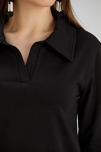 Sortie Women's Shirt Collar Two Thread Black Basic Sweatshirt