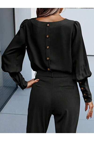 NOİR & GOLD Bluză de damă cu mânecă lungă, cu gât rotund, cu nasturi, din crep importat