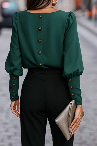 MODA Γυναικεία μακρυμάνικη μπλούζα με στρογγυλή λαιμόκοψη με κουμπιά εισαγόμενη από κρεπ