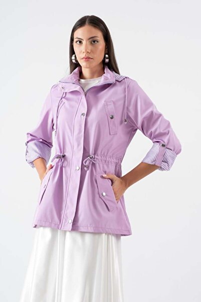 Spazio Goudot Kapüşonlu Mevsimlik Parka – Beli Büzgülü, Çıtçıt Detaylı LİLA