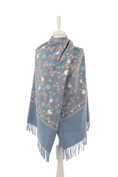 Bursa İpek Indigo Stone Embroidered Winter Shawl