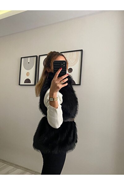 TB Butik Wide Belted - Black - Zero Sleeves - Lined Fur Plush Vest