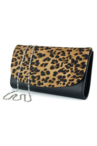 Erkan Saçmacı Black Leopard Vegan Chain Strap Magnetic Closure Elegant Evening Dress Clutch Bag