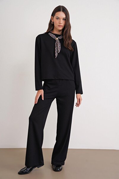 Mixray 2026 Women's Scarf Detailed Modal Bottom Top Tracksuit Set Black