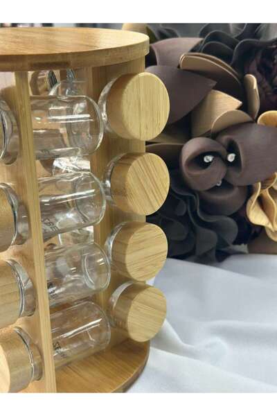 MD MİMOZA DEKOR Bamboo Rotating Spice Rack / Organizer -16 Pieces