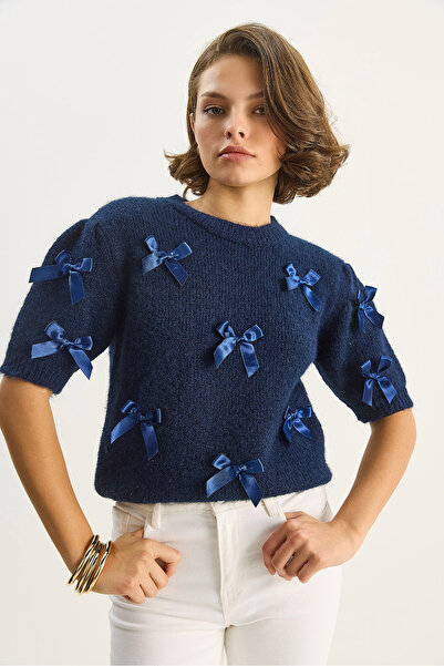 Bianco Lucci Pulover tricotat cu mânecă scurtă pentru femei guler rotund cu detaliu cu fundă 2494 60283676