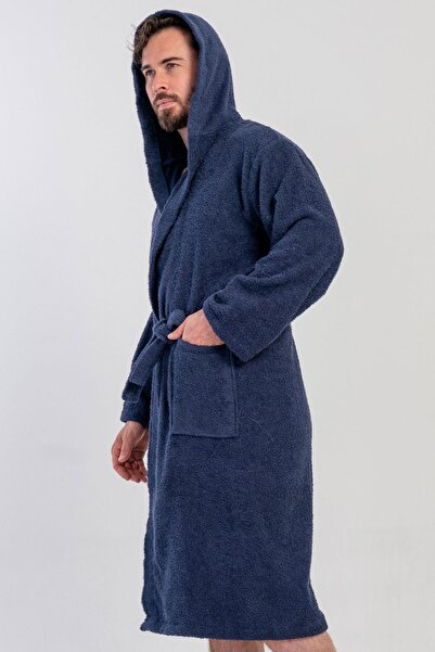 VİENETTA Men's Hooded Navy Blue Bathrobe – Towel Texture, Pockets, Belted C7T6N8161